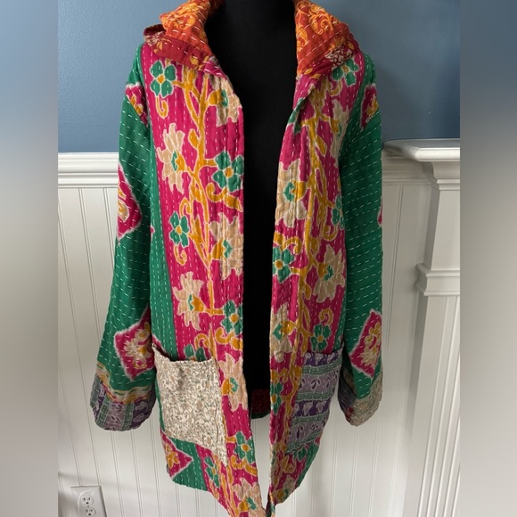 GORGEOUS Handmade Indian Kantha Hoodie Jacket ~pockets~lightweight~NEW!! Large - Picture 2 of 8